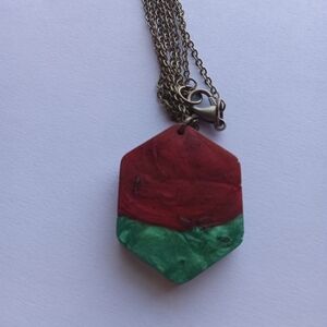 Red and green handcrafted hexagon pendant with chain Christmas holiday lagenlook